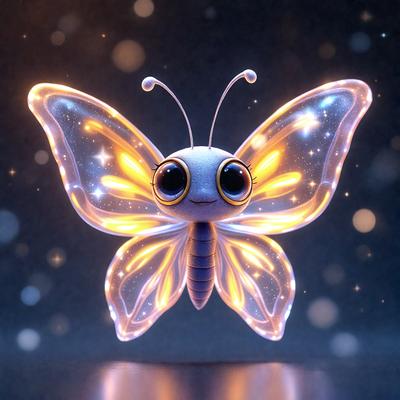 The primary subject of the image is a cute, colorful butterfly. The butterfly is depicted with a blue body and yellow wings, and it has a smiling face. The setting is a dark background, which contrasts with the bright colors of the butterfly. The visual style of the image is digital art, as it appears to be a computer-generated or digitally painted creation. The colors and mood of the image are cheerful and lively, with the butterfly's vibrant